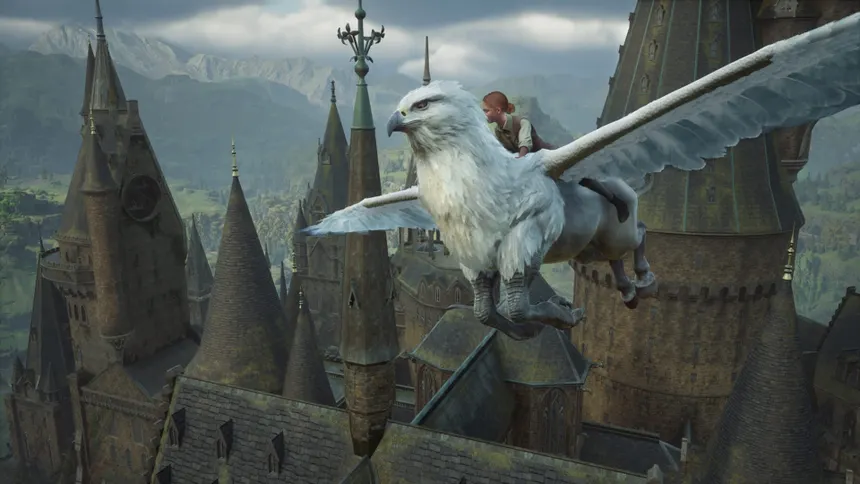 hogwarts legacy player flying on griffin