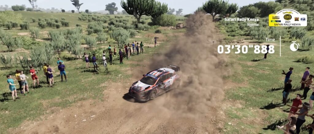 WRC 10 safari rally in Kenya car kicking up dust on rally