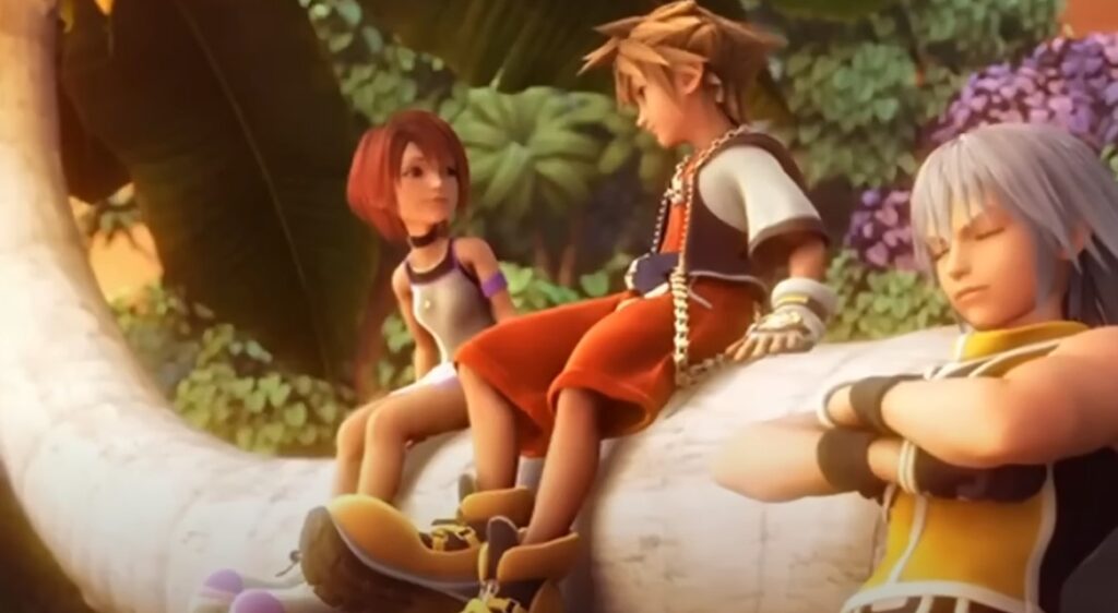 kingdom hearts 2 main characters sitting down in fantasy world