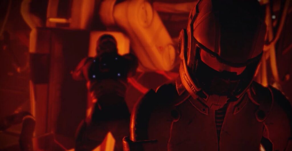 mass effect 2 scene showing the main character backlit in red