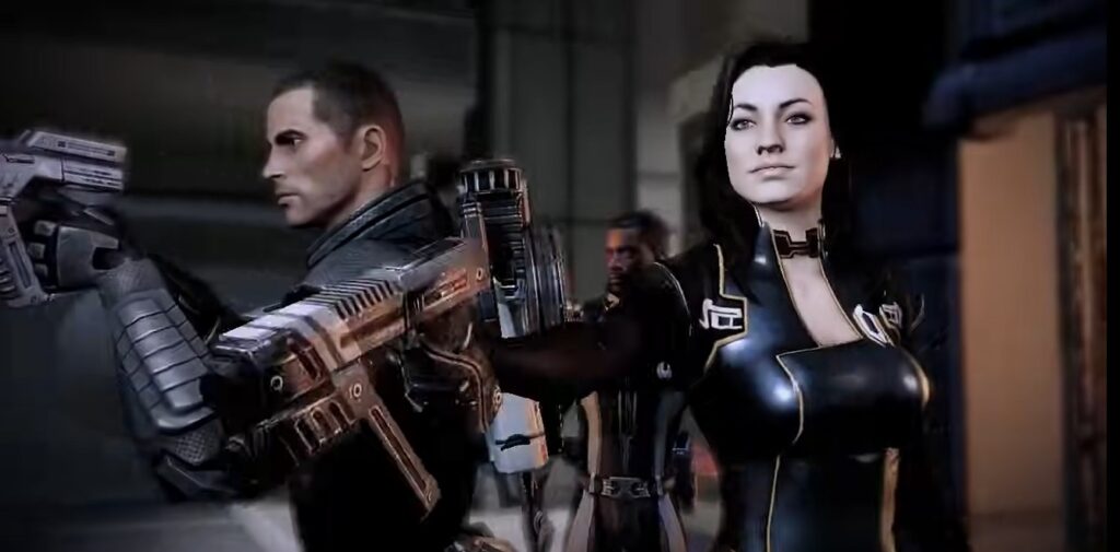 mass effect 2 crew standing together scene from the game