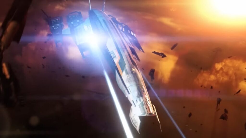 mass effect 2 scene showing the spaceship firing in space in game