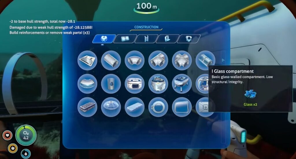 Subnautica ship building interface with construction menu open