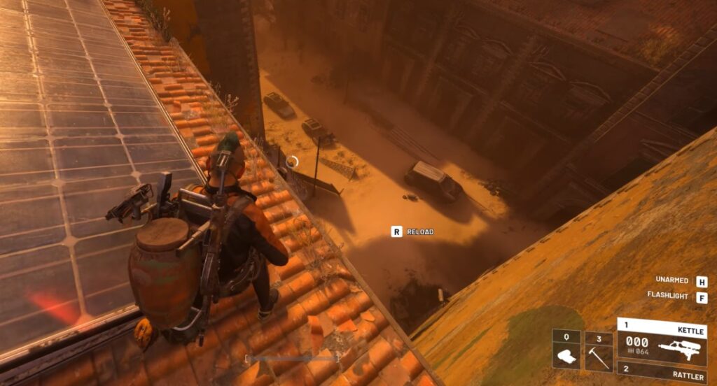 ark raiders gameplay scene player on top of building