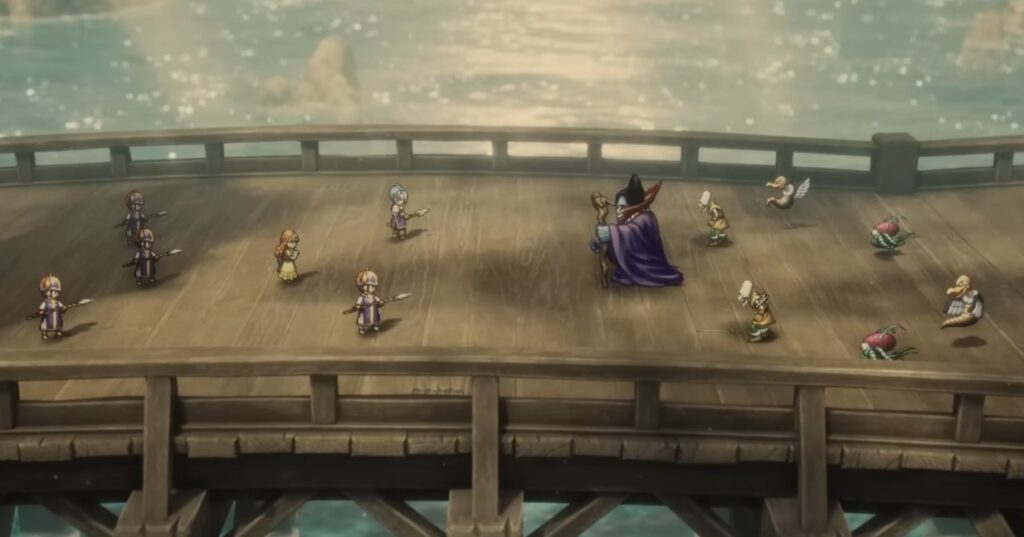 Dragon Quest I & II HD-2D remake battle on the bridge