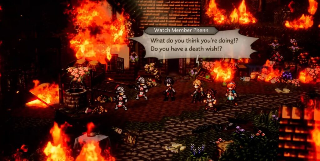octopath traveler 0 story a town set aflame