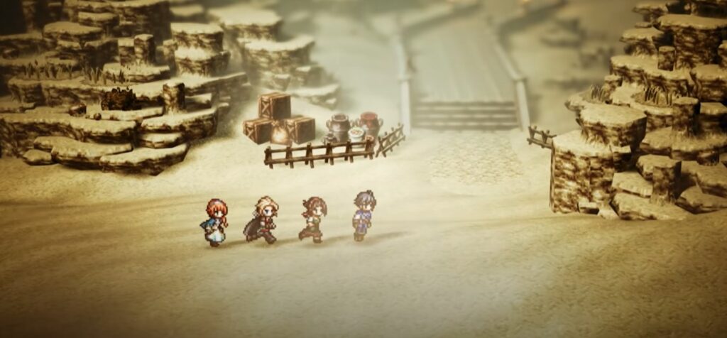 octopath traveler 0 characters walking gameplay scene