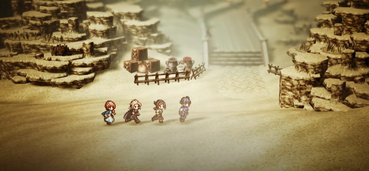 octopath traveler 0 characters walking gameplay scene