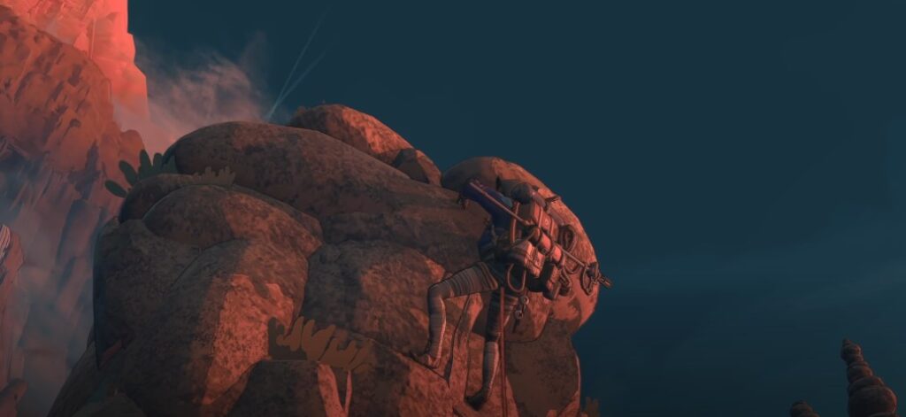 cairn player reaching the top of the climb