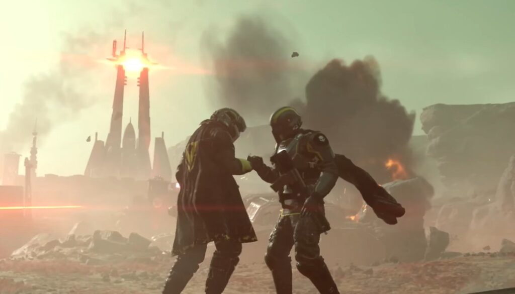 helldivers 2 players standing together