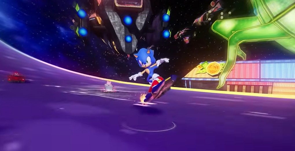 sonic racing crossworlds sonic on a board