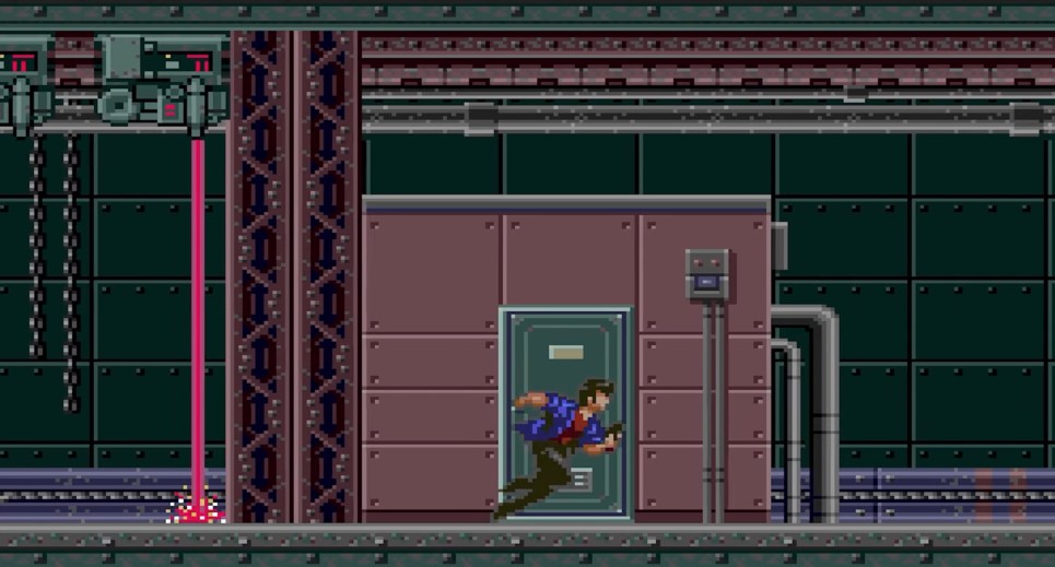 City Hunter gameplay showing the character carefully avoiding laser traps in a high-risk environment, with precise movement, glowing hazards, and tense action timing.