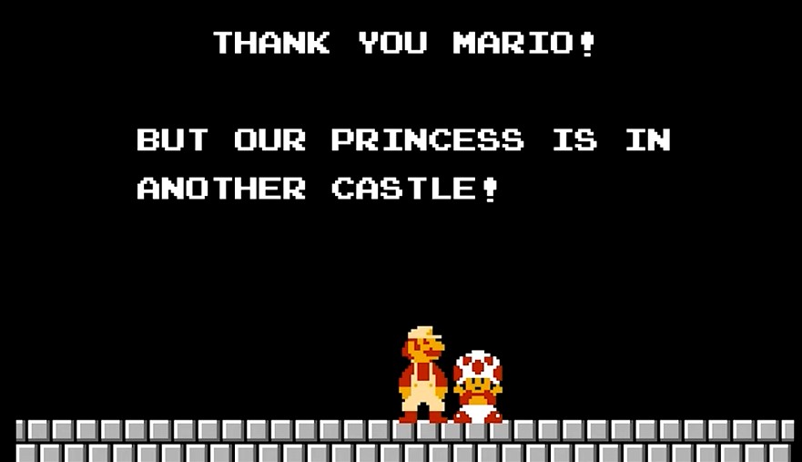super mario bros gameplay, mario with toad at the end of the castle