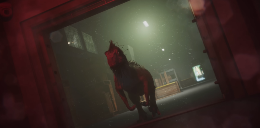 Cinematic gameplay cutscene from Deathground showing a dinosaur in a tense survival horror scene.