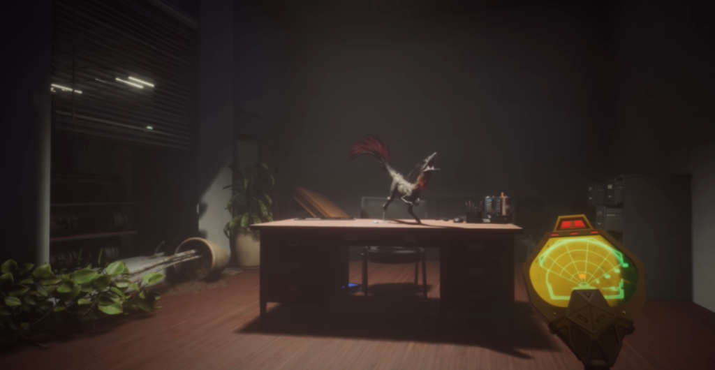 A dinosaur being tracked inside a building in Deathground, highlighting stealth survival gameplay in a dark interior environment.