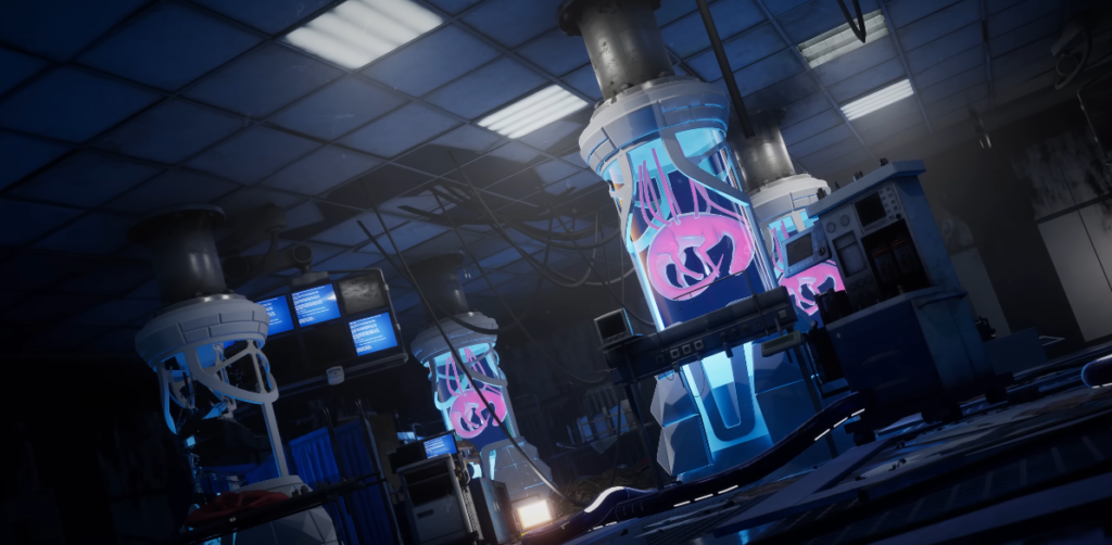 Dinosaurs contained in large vats in Deathground, in a lab or industrial facility setting with a tense horror atmosphere