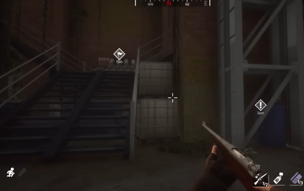 Player character in Deathground holding a weapon, prepared for survival in a tense dinosaur horror environment.
