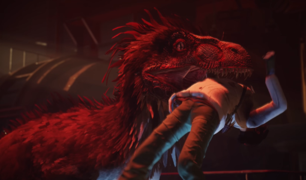 Deathground gameplay cover showing a tense survival horror scene featuring dinosaurs in a dark, atmospheric environment.