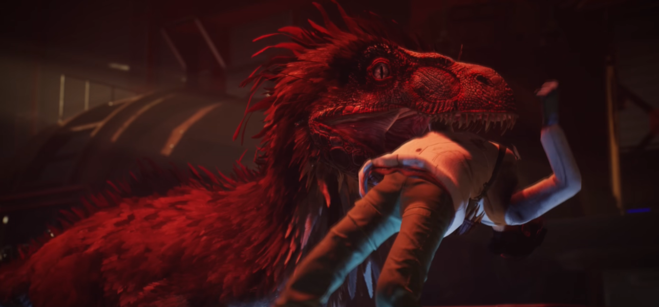 Deathground gameplay cover showing a tense survival horror scene featuring dinosaurs in a dark, atmospheric environment.