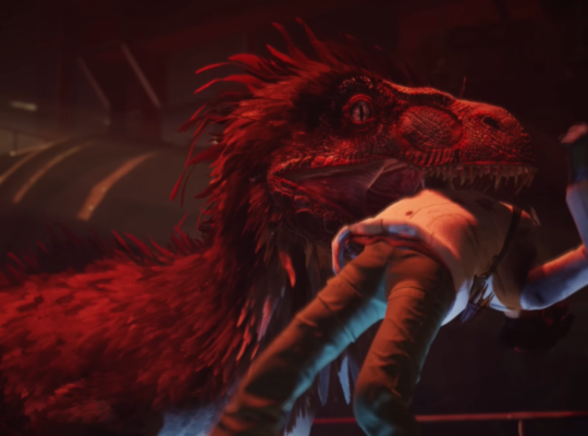 Deathground gameplay cover showing a tense survival horror scene featuring dinosaurs in a dark, atmospheric environment.