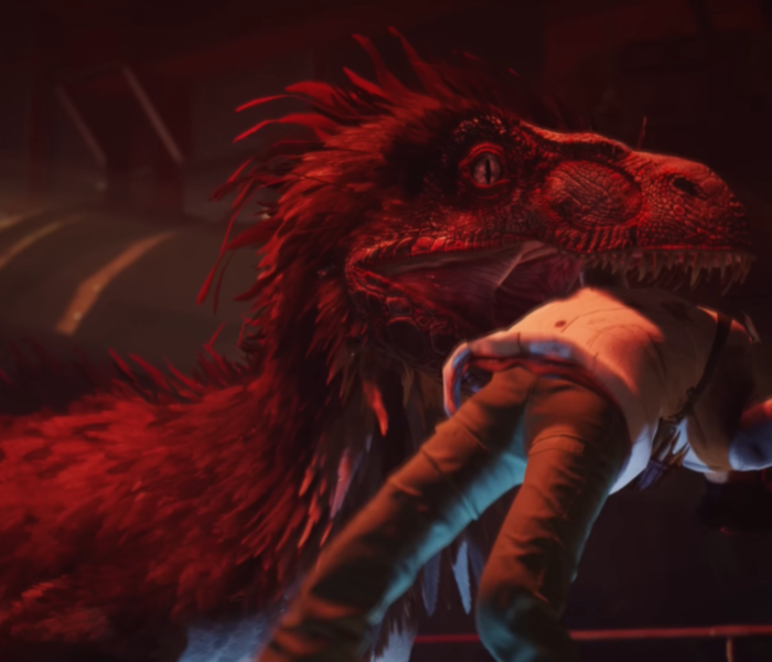 Deathground gameplay cover showing a tense survival horror scene featuring dinosaurs in a dark, atmospheric environment.