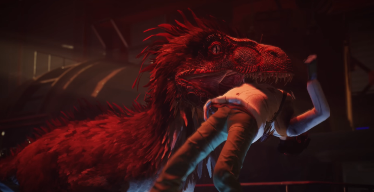 Deathground gameplay cover showing a tense survival horror scene featuring dinosaurs in a dark, atmospheric environment.