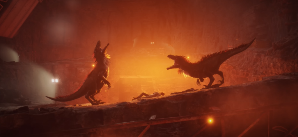 Two dinosaurs confronting each other in Deathground, creating a tense standoff in a dark survival horror environment.”
