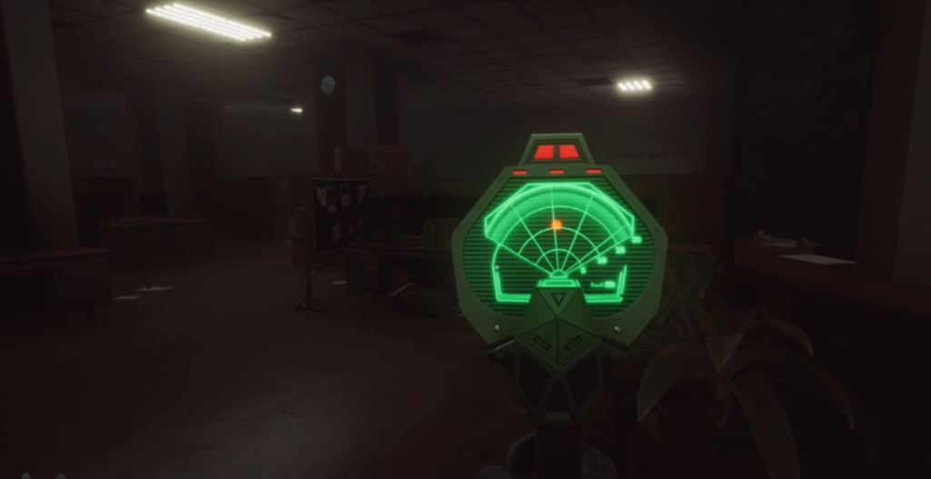 Player using a scanner device in Deathground to detect nearby dinosaurs in a dimly lit, suspenseful setting