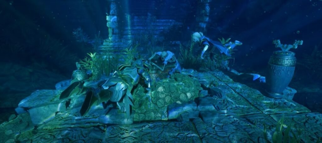 Underwater exploration scene from Enshrouded, showing a character submerged and navigating an underwater environment.