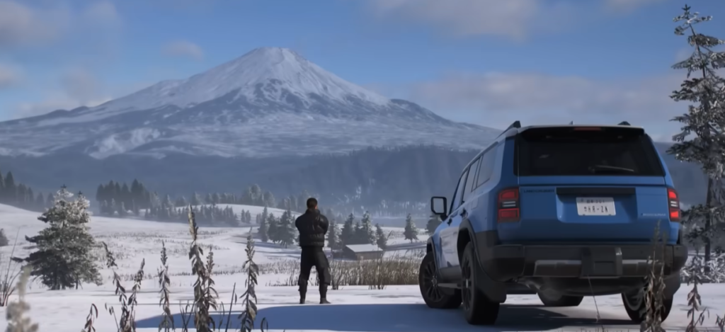 Gameplay from Forza Horizon 6 showing a player character standing beside a parked car in a mountainous environment, with scenic terrain and mt fuji in the background.