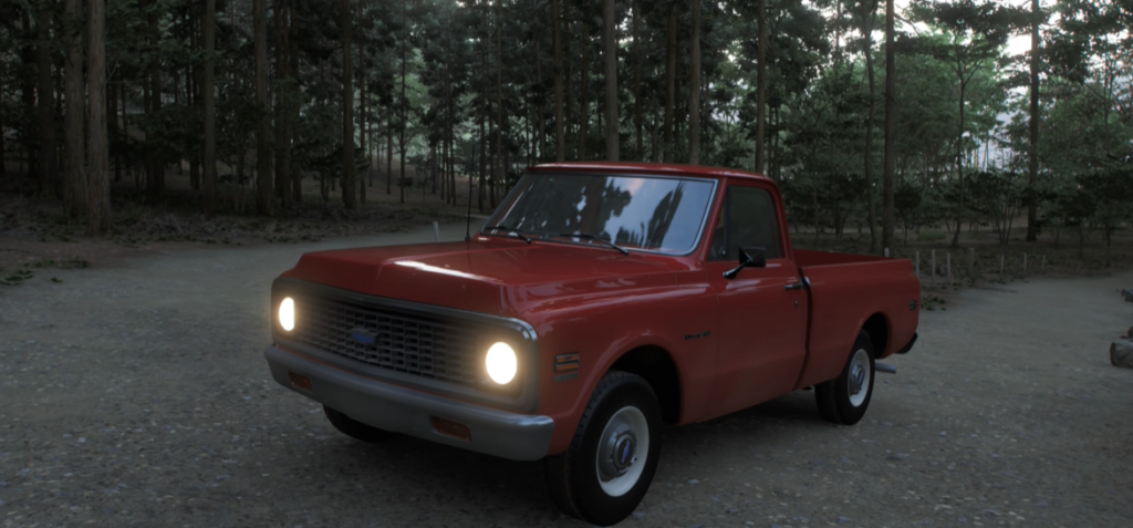 Gameplay from Forza Horizon 6 showing a red Ford sports car driving through a dense forest environment in an open-world racing scene