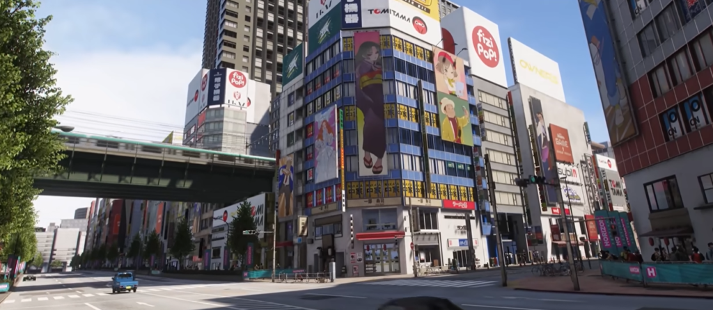 Forza Horizon 6 in-game footage set in a Tokyo city district, featuring a car navigating busy streets surrounded by illuminated skyscrapers and urban signage