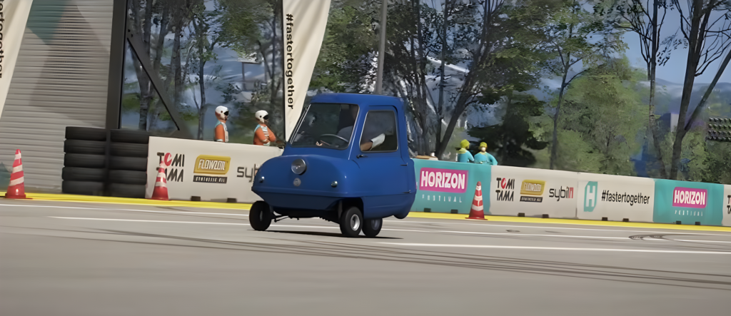 Forza Horizon 6 gameplay showing a very small vintage three wheeled Peel P50 microcar, shown in a simple setting.