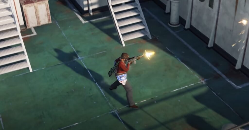 Gameplay scene from Rust showing a player engaged in a firefight against enemies