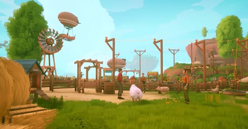 Solarpunk co-op gameplay showing multiple players working together to build and develop structures in a floating island survival world