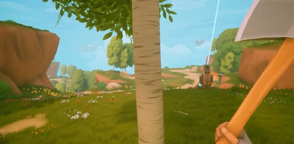 Survival gameplay in Solarpunk showing a player chopping wood to gather resources for crafting and building