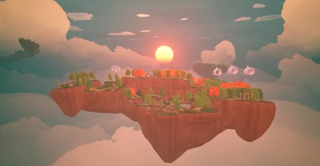 A detailed floating island in Solarpunk featuring natural terrain, structures, and survival crafting spaces in a peaceful sky world