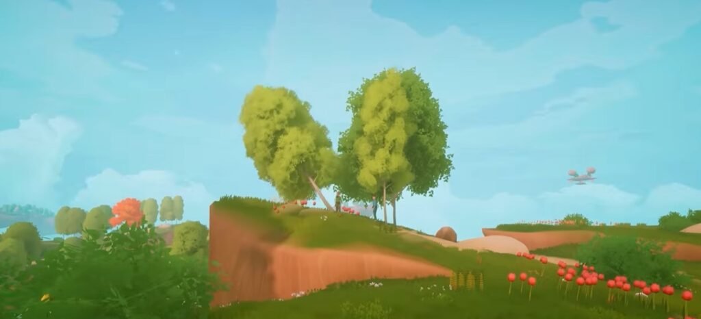 Floating island landscape in Solarpunk featuring detailed trees and environmental level design focused on exploration and survival