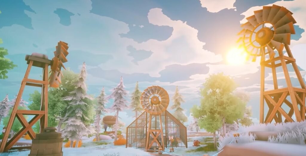 A serene Solarpunk intro screen showing a windmill set in a peaceful floating island landscape with soft lighting and a calm atmosphere