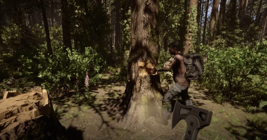 Gameplay scene from Sons of the Forest showing a player cutting down trees in a forest environment.
