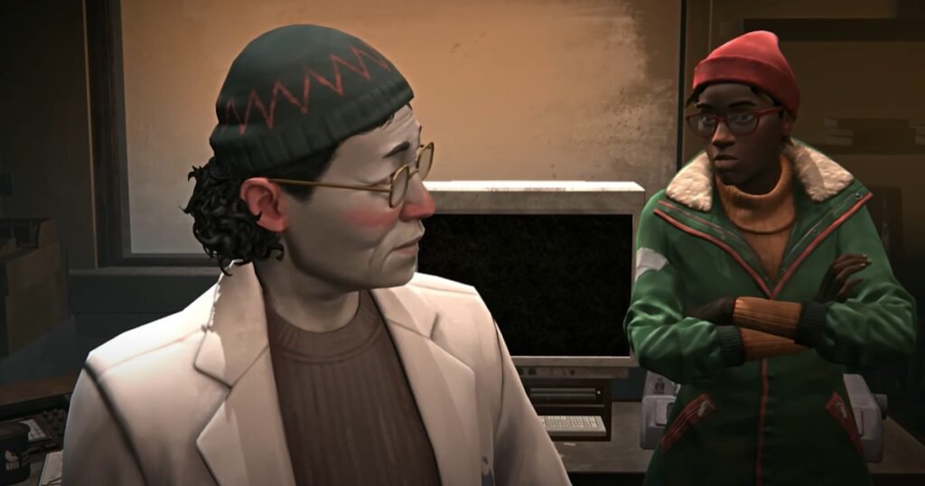 Cutscene from The Long Dark depicting two characters engaged in conversation, standing close together in a survival setting, suggesting an important narrative moment.