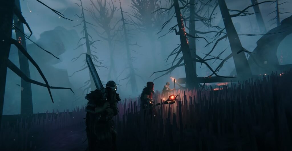 Gameplay scene from Valheim showing players surviving while moving through a dense forest environment.