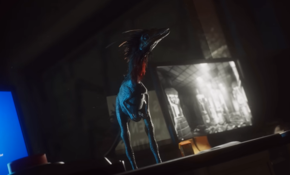 Deathground dinosaur on table in a co-op horror game.