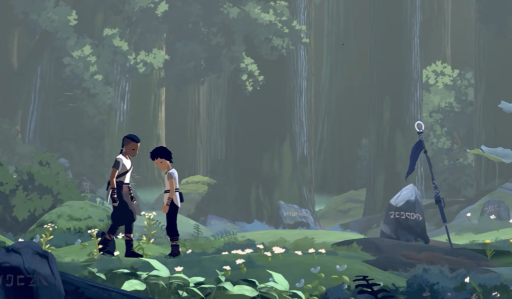 Planet of Lana 2 characters standing together in an alien forest