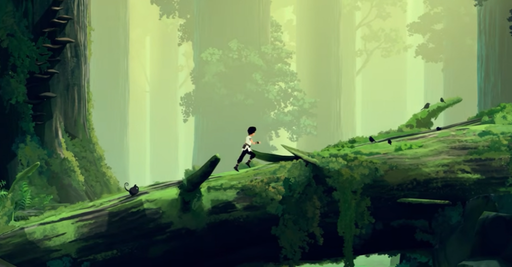Planet of Lana 2 character climbing a tree in an alien forest