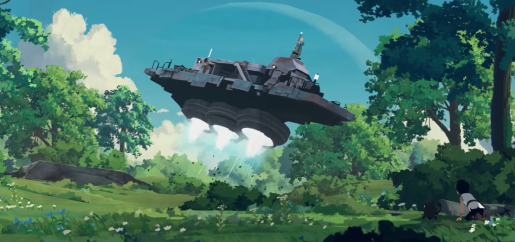 Planet of Lana 2 character watching a floating alien ship
