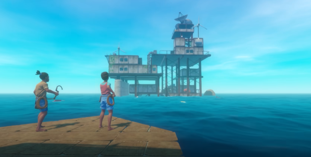 Raft gameplay showing players exploring the open ocean and islands together.