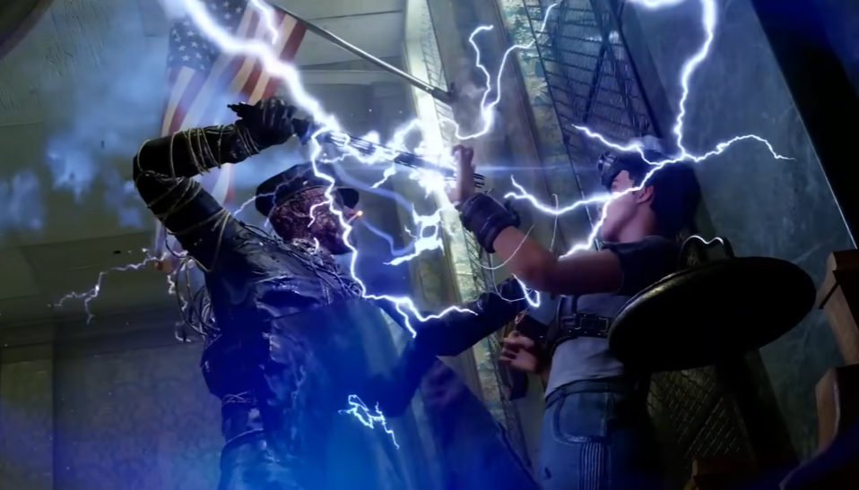 The Outlast Trials character getting shocked during co-op horror gameplay.