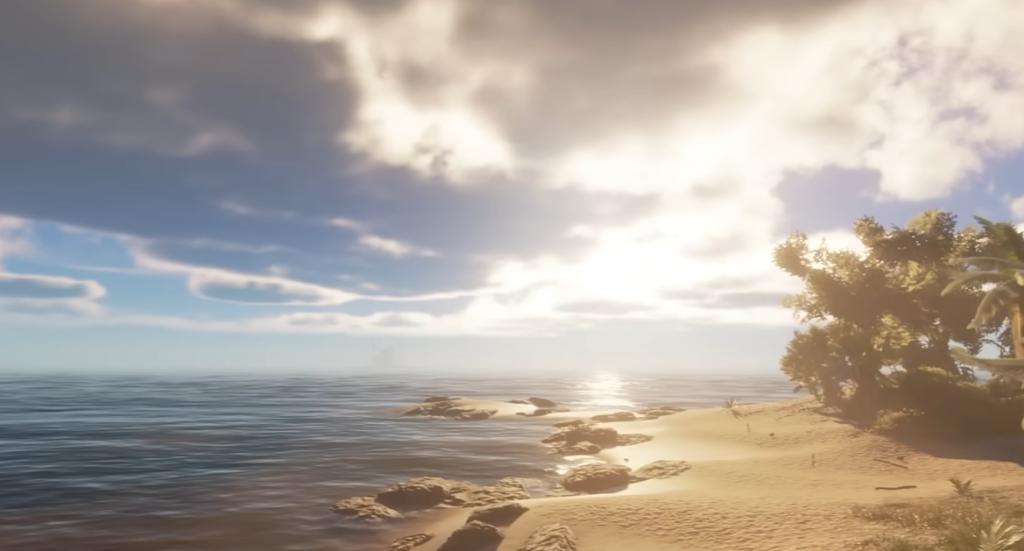 A first-person gameplay scene from the survival game Stranded Deep, showing a player on a tropical island coastline with the Pacific Ocean stretching to the horizon.