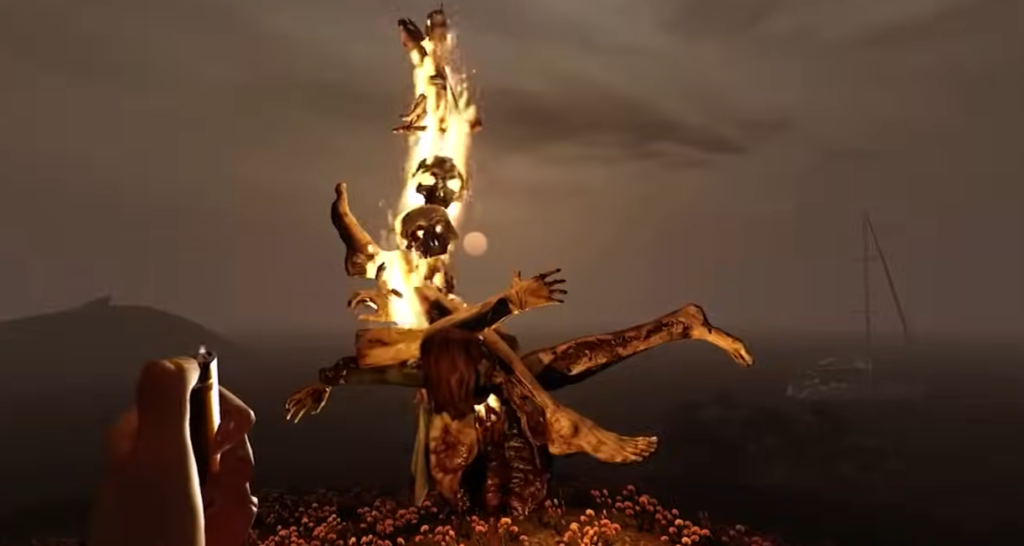 the forest lighter in hand burning skulls